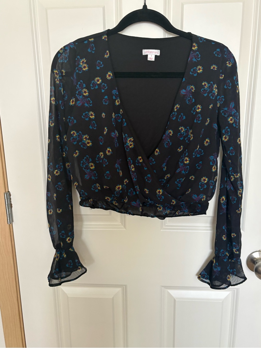 Xhilaration Black Floral Wrap Crop Blouse with Blue & Yellow Print